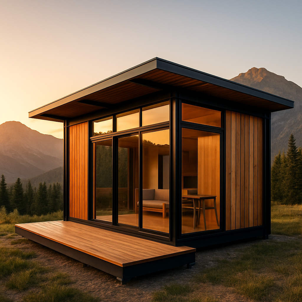 Casă modulară din oțel cu lemn natural, în peisaj montan