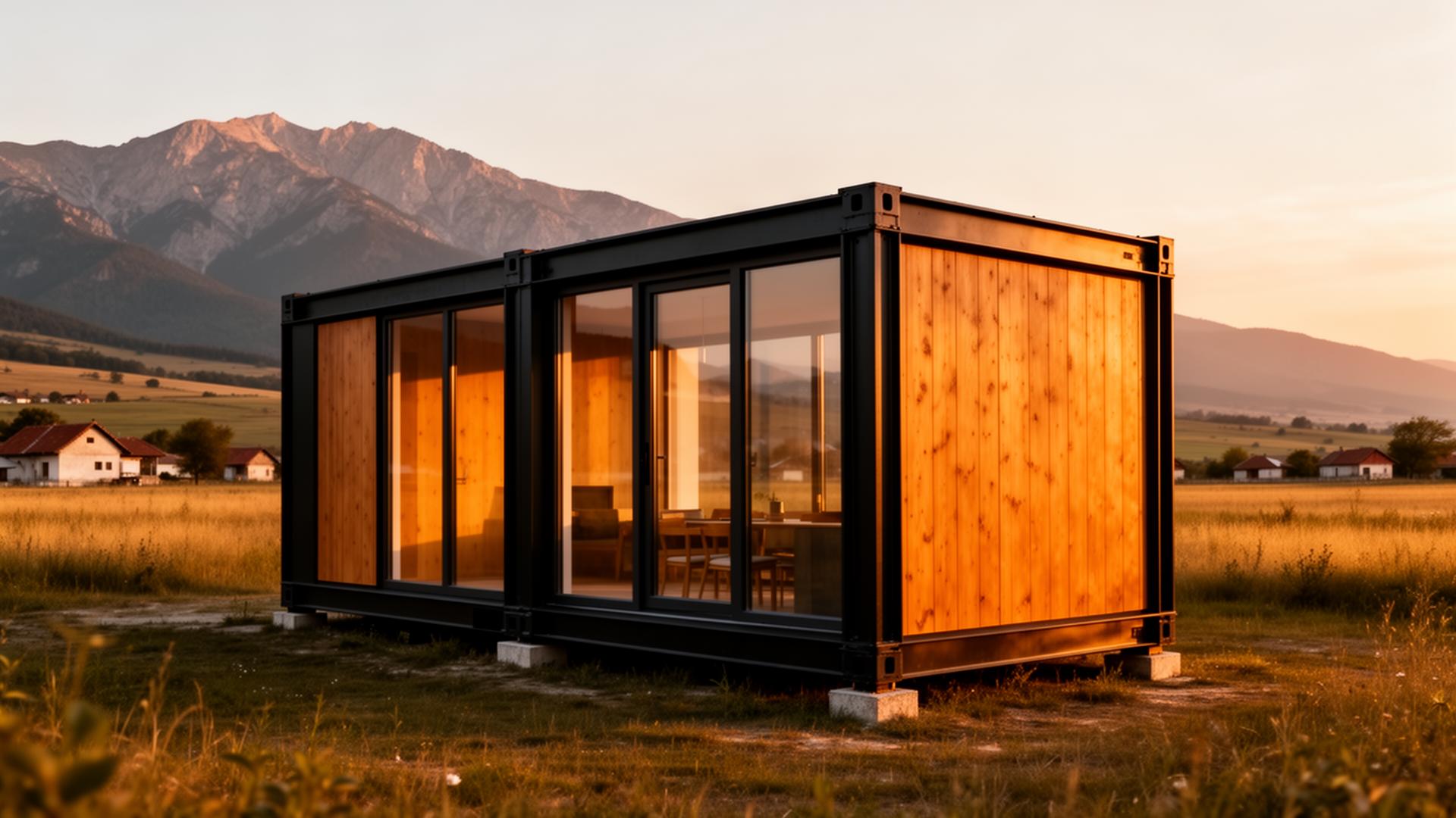 Tiny house modulară din oțel cu lemn natural, în peisaj montan
